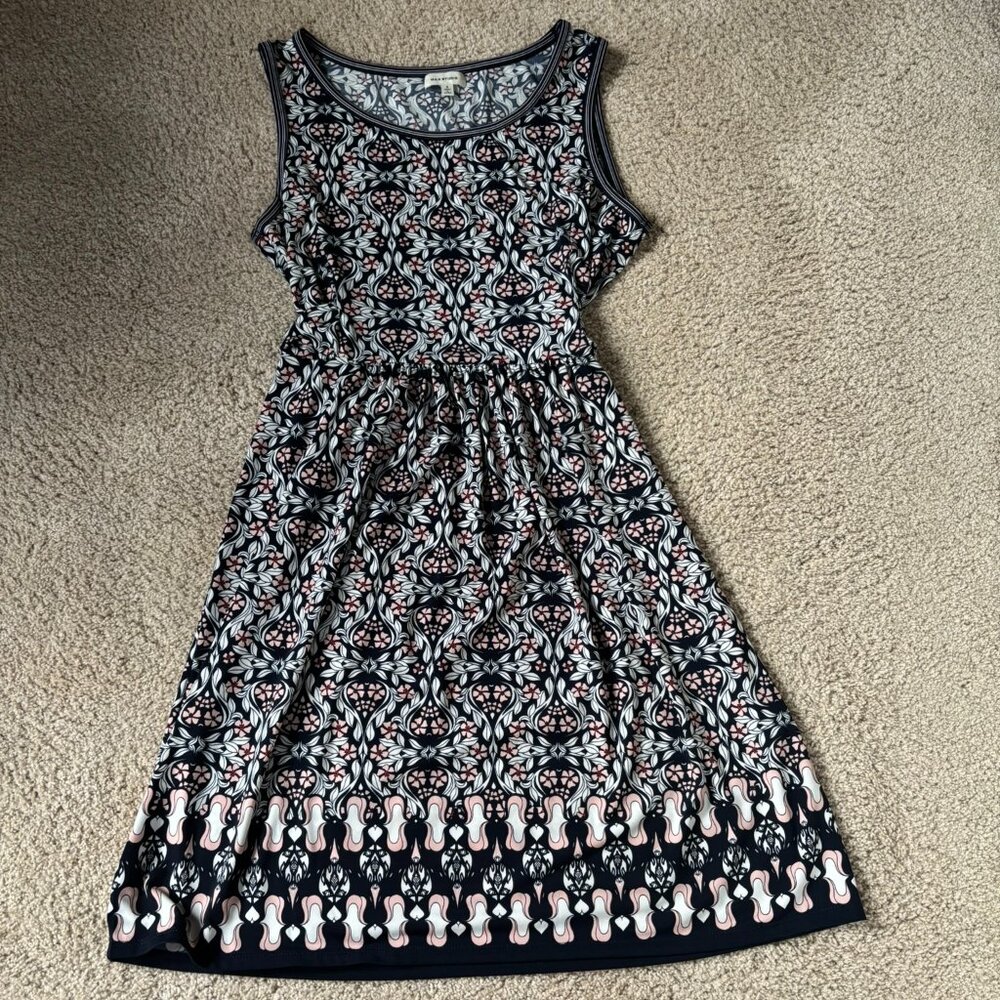 Max Studio Sleeveless Scooped Neck Border Print Navy, White & Pink Dress Size S